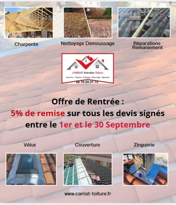 Préparez votre rentrée avec 5 % de remise sur vos travaux avec Carriat Entretien Toiture ! à Lagrave